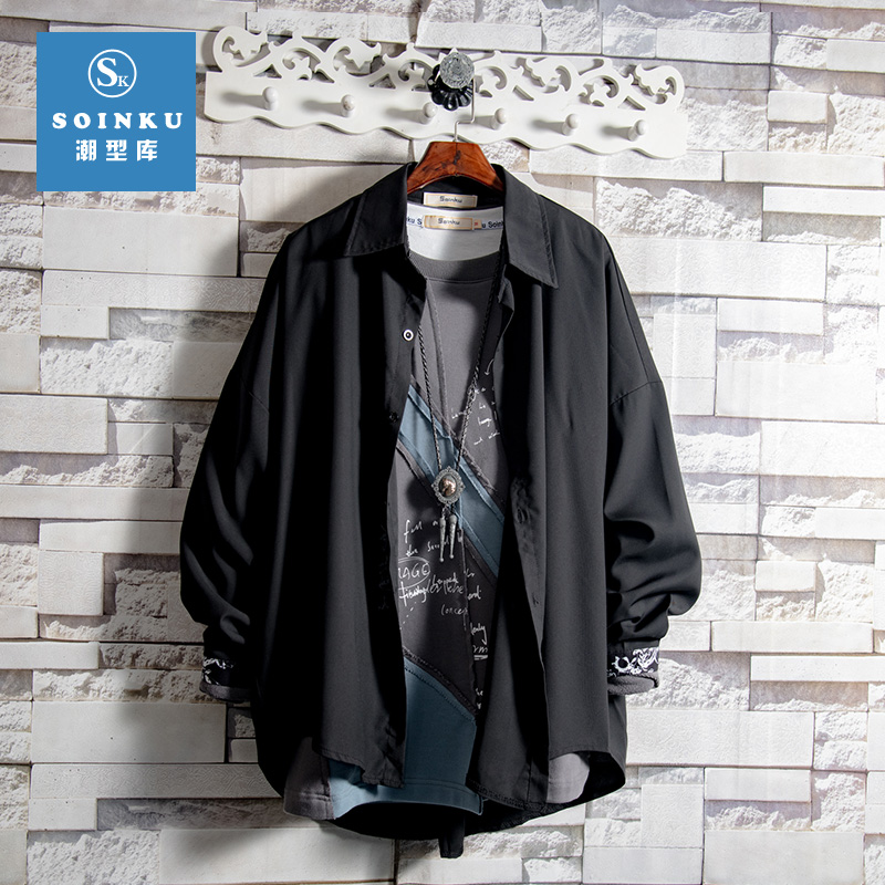 Soinku Long Sleeve Shirt Men's Korean Fashion Handsome Personality Spring and Autumn Youth Students Loose Hong Kong Style Inch Clothes