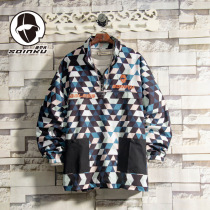 soinku American Tide Brand Diamond Plaid Pullover Overcoat Mens Autumn and Winter Trend Harbor Casual Jacket