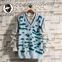 soinku retro floral V-neck knitted vest sweater mens autumn and winter academic style dk bottoming sweater