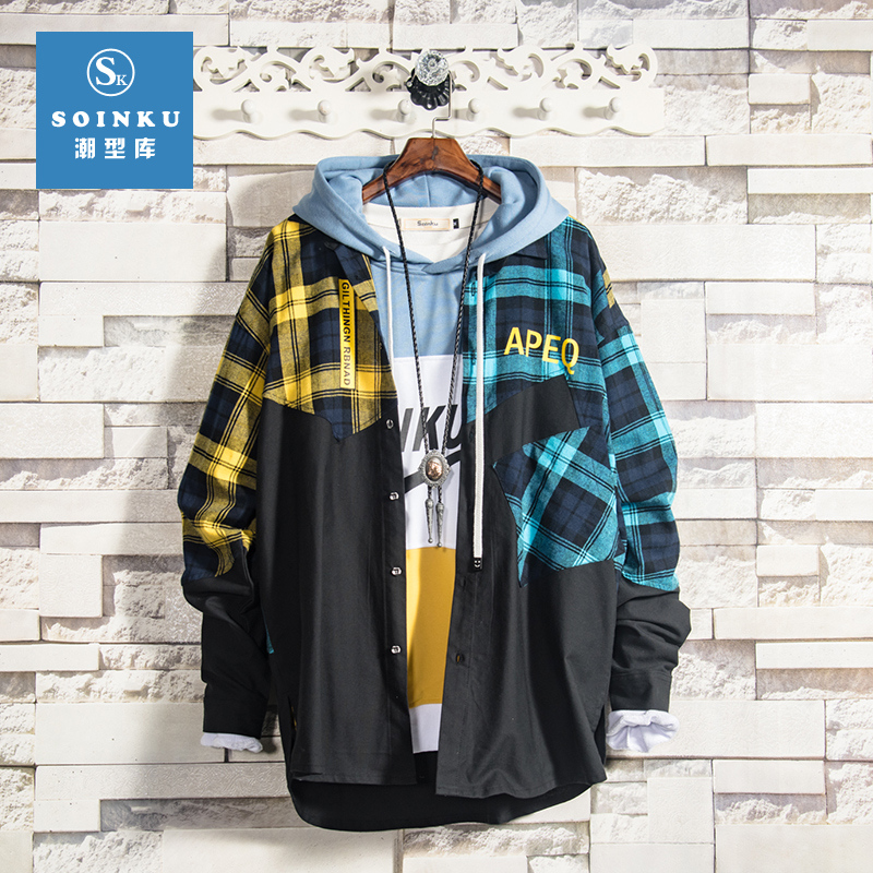 Soinku long sleeve shirt men Korean version of the trend loose Tide brand Port wind Spring and Autumn plus velvet thickened autumn and winter plaid shirt