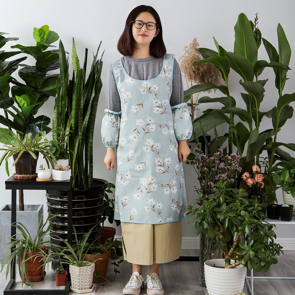 Apron Korean version Fashion fabric Kitchen Cuddling Bag Waterproof Anti-Oil Cotton Linen Fresh Cook Adult Hood Sleeves Sleeves