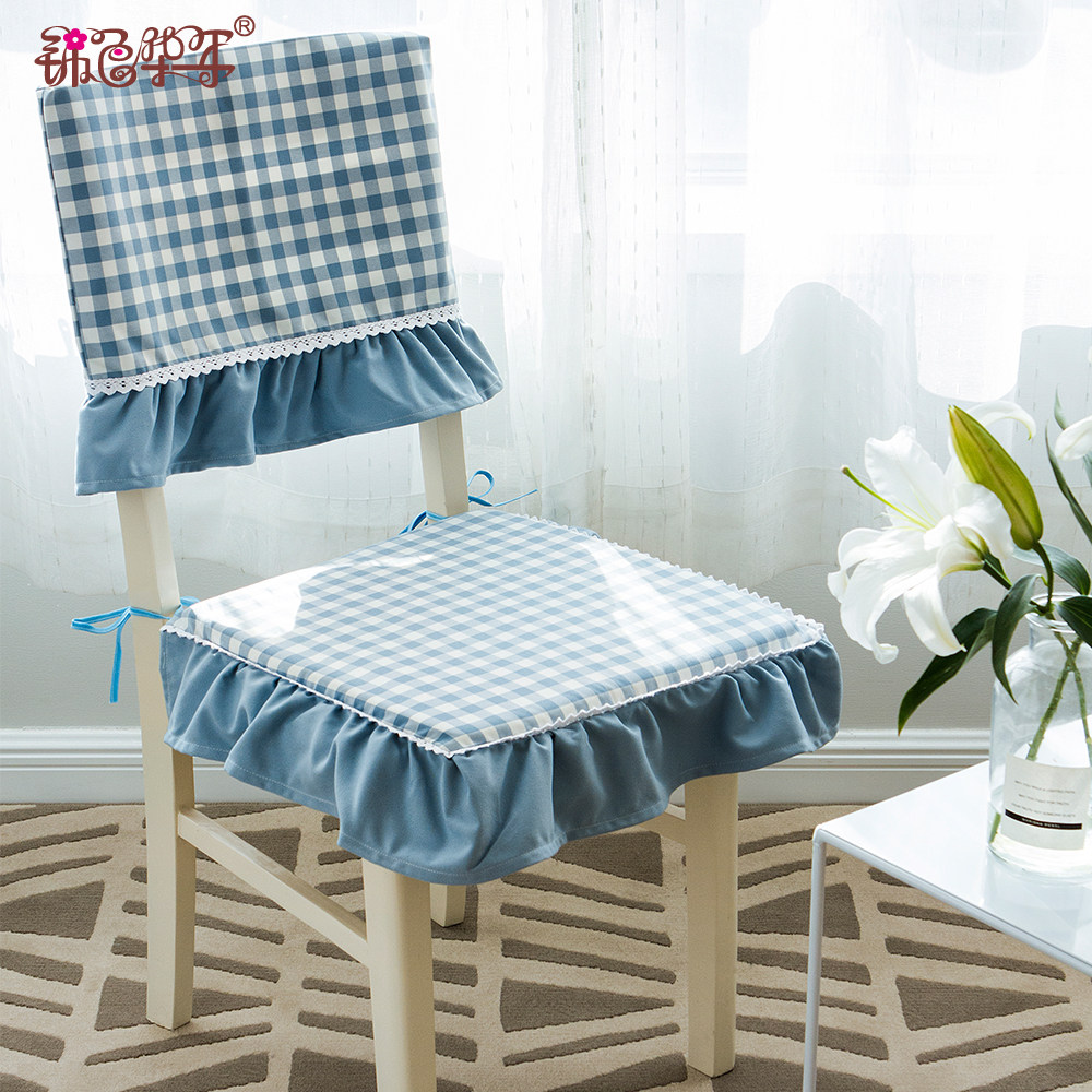 Blue Plaid Fabric Chair Cushion Eu Style Removable Wash Dining Chair Lotus Leaf Side Cushion Chair Cover Computer Chair Chair Cushion