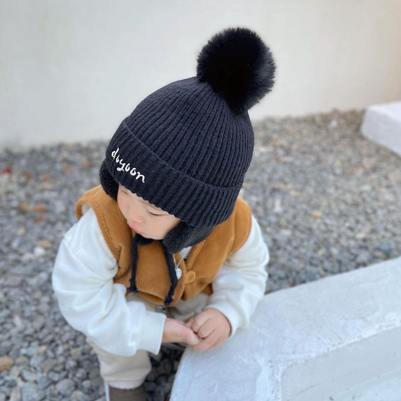 South Korea Hominin Child Care Ear Knit Warm Hat Cute hair Ball Embroidery Name Pure Color Warm Little Hat-Taobao