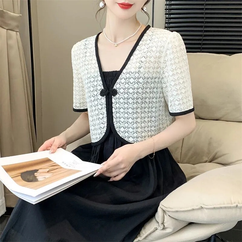 Short-Sleeved Lace Top for Women, Summer 2024 New Style, White Hollow-Out V-Neck Shawl, Short Jacket, Stylish Blouse