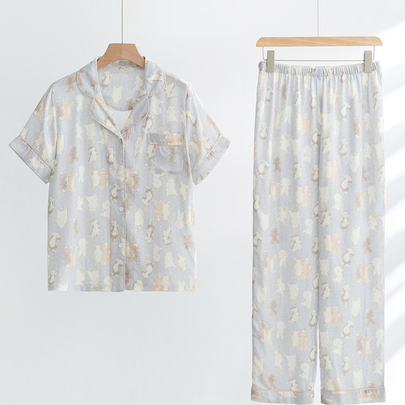 Spring and Summer Cartoon Bamboo Cotton Gauze Cardigan Pajamas Women's Short-Sleeved Long Pants Thin Home Wear Casual Suit