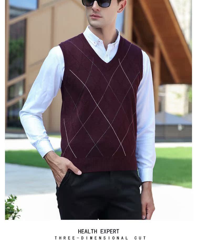 Burke Long Men Dệt kim Vest Set Kinh doanh Áo len cổ chữ V Vest trung niên Áo liền thân màu ấm áo len hàn quốc