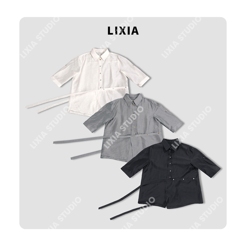 Lixia【Light Street Style】Spring and Summer Silk Breathable Light Luxury Fashionable Lace-Up Wide Collar Shirt-D11851