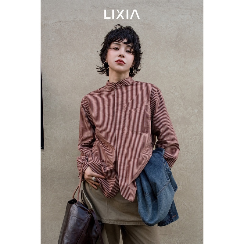 Lixia【Xuan Yan】Korean-Style Artistic Vertical Striped Shirt with Short Front and Long Back, Relaxed Fit, Single Button - D20601 Lixia【Xuan Yan】Korean-Style Artistic Vertical Striped Shirt with Short Front and Long Back, Relaxed Fit, Single Button - D20601
