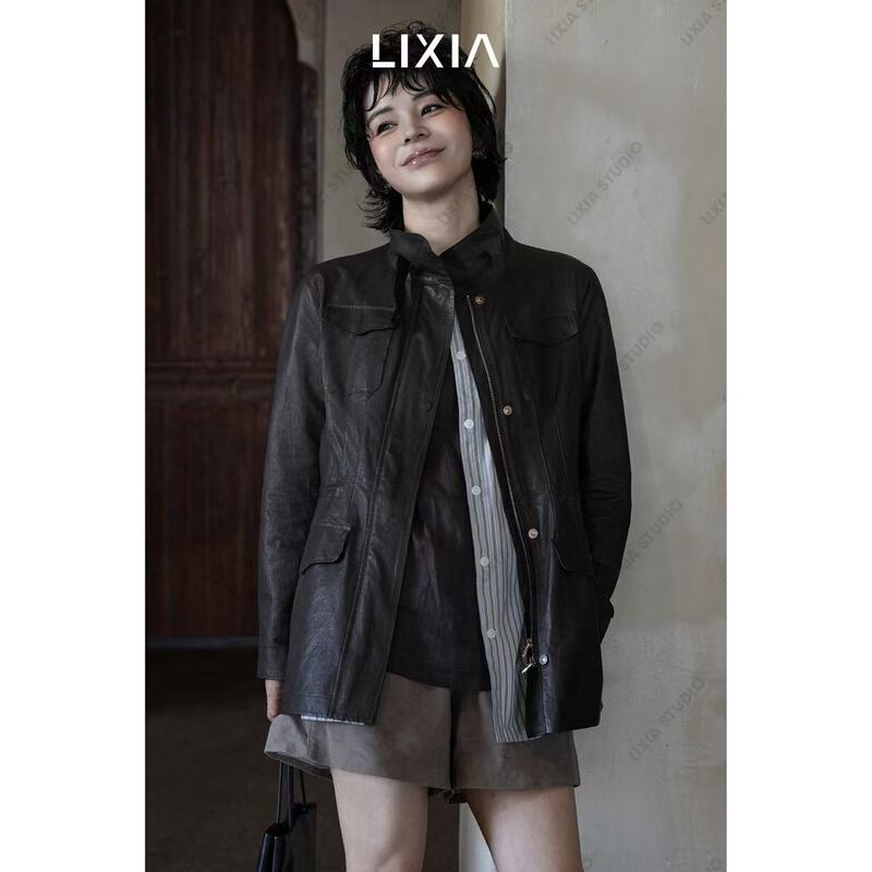 Lixia【Bai Boli】Workwear-Style Sheepskin Oil-Wax Craftsmanship Vintage Distressed Texture Magnetic Buckle Leather Jacket-D20062