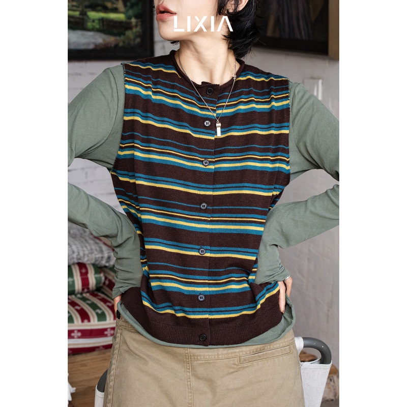 Lixia【Little Forest】American-Style Forest-Inspired Three-Color Contrast Wool Blend Layered Knit Vest-D20566 Lixia【Little Forest】American-Style Forest-Inspired Three-Color Contrast Wool Blend Layered Knit Vest-D20566