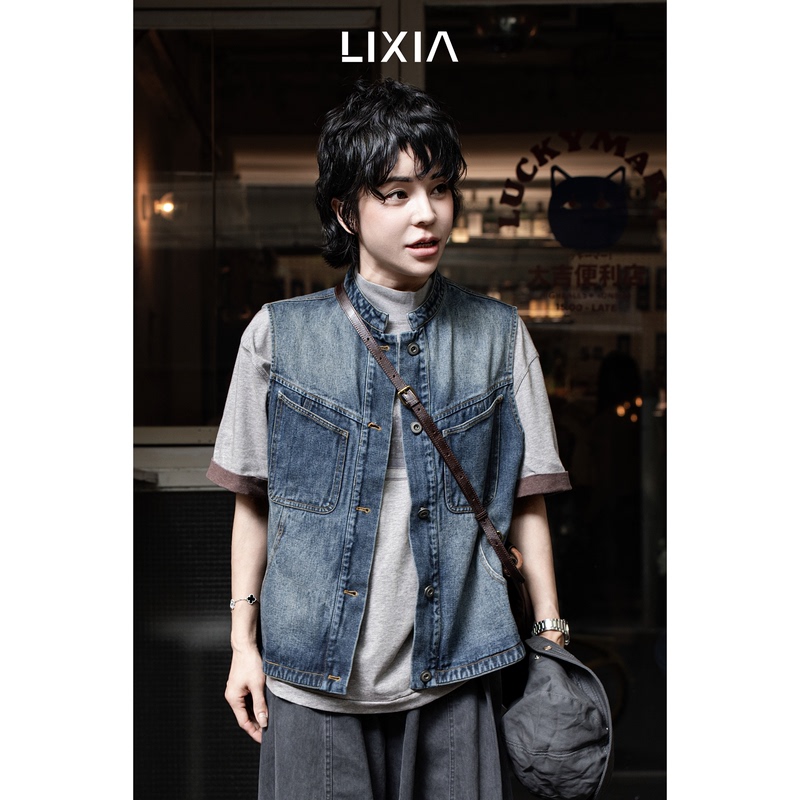 Lixia【Old Iron Box】Casual Simple Workwear Style Retro Washed Split Design Denim Vest-D20317