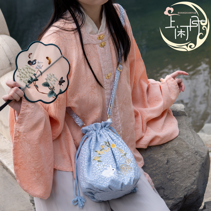 Shangxian Laurel Rabbit Chinese Antique Embroidered Flower Hanfu Bag Handheld Crossbody Women's Bag Large Capacity Tassel Drawstring