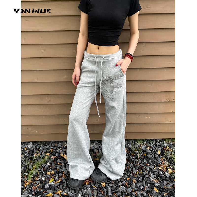 Vinmuk American Retro Heart-Shaped Rhinestone Micro-Spicy Sweatpants for Women, Spring Sports Street Dance Straight-Leg Wide-Leg Casual Pants Trendy