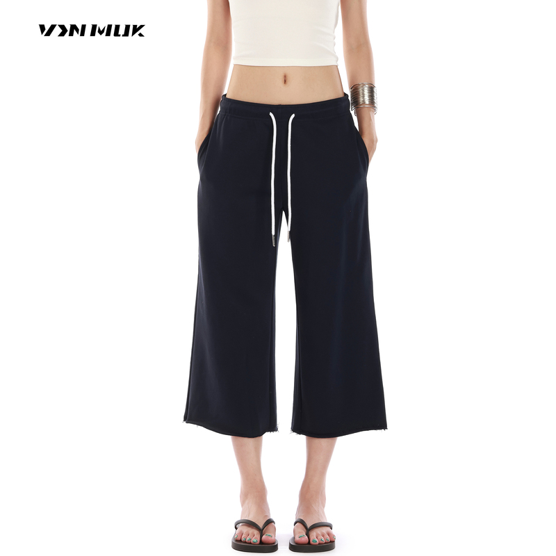 Vinmuk American-Style Elastic Drawstring Drapey Cropped Casual Pants for Women, Loose-Fitting Sporty Lazy Sweatpants, Mid-Length Pants, Seven-Point Pants