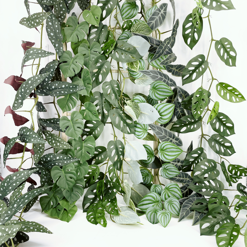 Forest-Style Faux Leaves Single Strand Monstera Leaves Vine Floral Arrangement Winding Decoration Landscaping Black Swan Cloud Brocade Leaf Vine