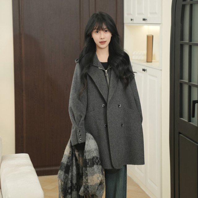 伊迪卡双面羊毛大衣连帽短款宽松慵懒韩系百搭时尚女装秋冬新款