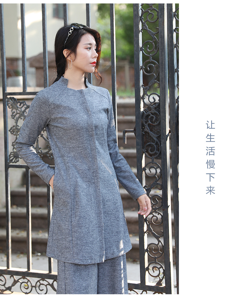 Mùa thu đông 2018 áo len mới màu xám dành cho nữ dài của áo sơ mi cộc tay retro phong cách quốc gia Trung Quốc măng tô