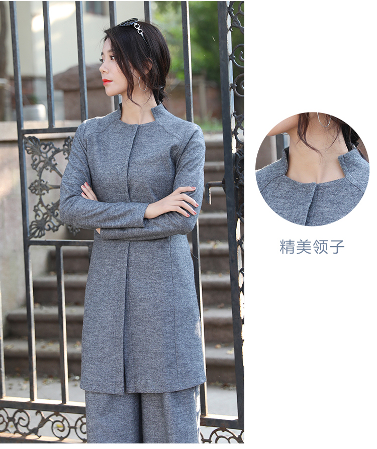 Mùa thu đông 2018 áo len mới màu xám dành cho nữ dài của áo sơ mi cộc tay retro phong cách quốc gia Trung Quốc măng tô