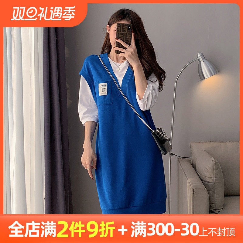 Fat mm cover belly showing thin and slightly fat pear-shaped figure spring and summer fake two-piece age-reducing plus-size women's dress temperament