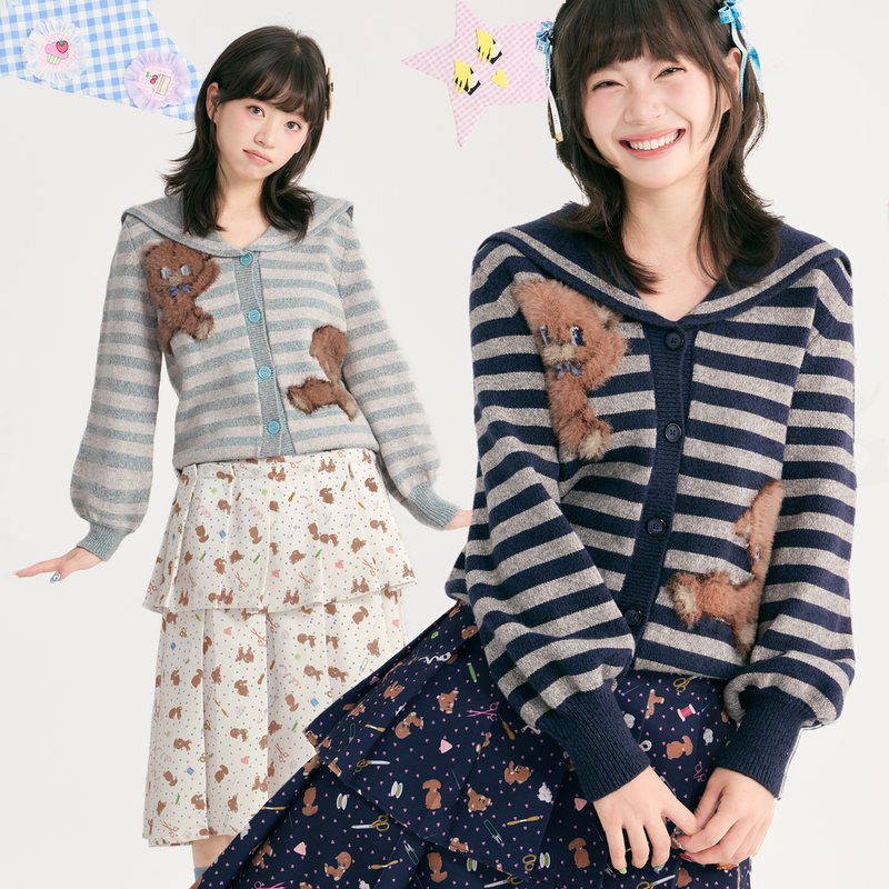 Tntntutu Striped Plush Teddy Bear Navy Collar Chunky Knit Sweater Cardigan Thickened Peach Heart Store