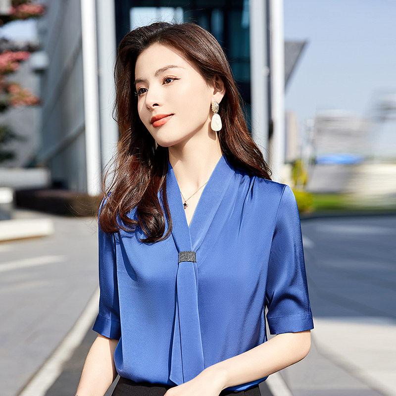 Sky blue lacing acetate shirt goddess Fan temperament to go to work and name Yuanyuan Fashion High-end 100 Hitch Business Work Clothes