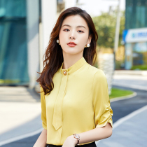 New Tennis Red Shirt Woman Yellow High Collar Bubble Cuff Upscale Fashion Temperament Hotel Sales Department Workwear Shirt