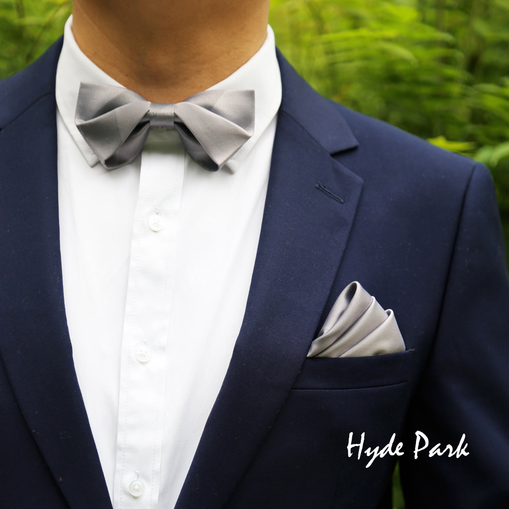 Hyde Park Men's Bow Tie Groom wedding wedding Silver Gray Matte Satin Best Man Bow collar flower