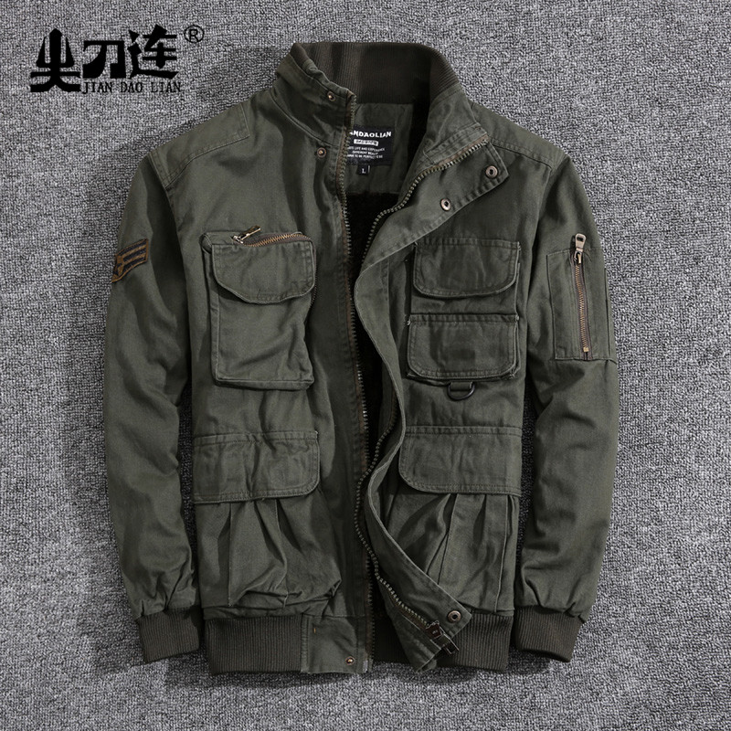 Autumn/winter plus velvet camouflage army fan stand-up collar jacket men casual multi-pocket cotton hard-wearing jacket outdoor travel top