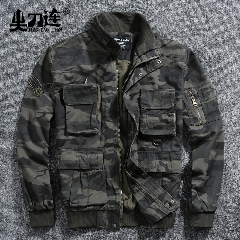 Fall military fans multi-pocket tops cargo uniform camouflage uniform men's stand collar camouflage jacket loose jacket outdoor wear-resistant jacket