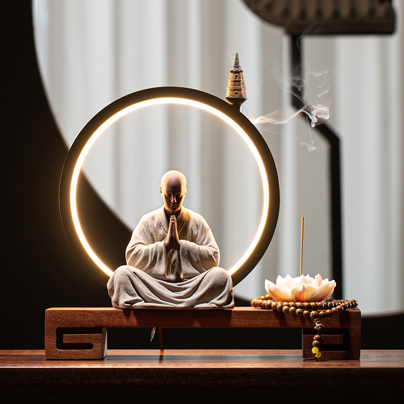 Zen purple Sand little monk tea table decoration creative with lights back flow fragrant new Chinese tea table tea ceremony trumpet decoration