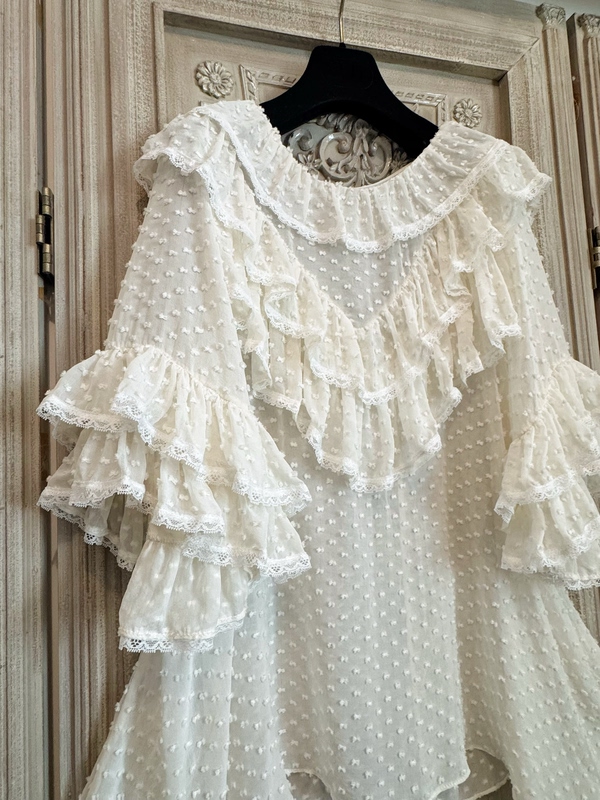 Edwardian Silk French Lace Patchwork Ruffle Blouse Sun Protection Babydoll Top