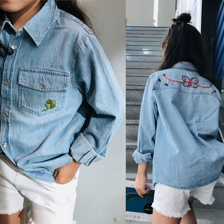 2019 FW LO&MO lồng lồng quần áo trẻ em tùy chỉnh trẻ em trai và gái áo sơ mi denim cỏ bốn lá - Áo sơ mi