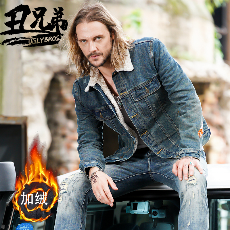 Uglybros ugly brothers motorcycle motorcycle riding autumn and winter denim jacket plus fleece thick anti-fall jeans