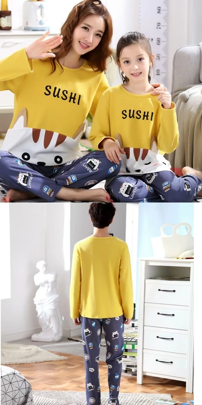 Đồ ngủ cha mẹ trẻ em mùa thu và mùa đông cotton trẻ em dễ thương phim hoạt hình gia đình mặc bông mẹ và con gái gia đình ba bộ đồ phục vụ