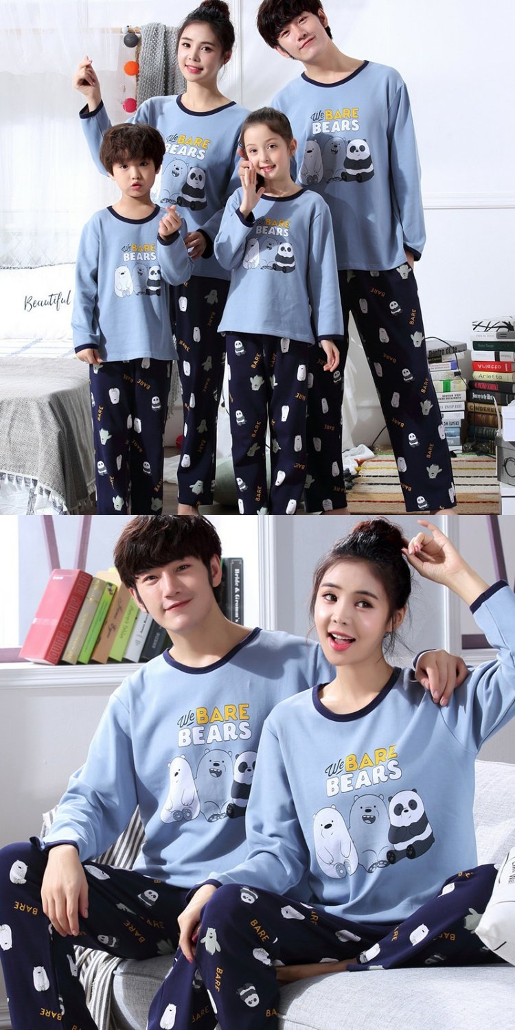 Đồ ngủ cha mẹ trẻ em mùa thu và mùa đông cotton dài tay nữ kho báu cậu bé bông mẹ cha gia đình ba phù hợp với dịch vụ nhà đồ pijama nam