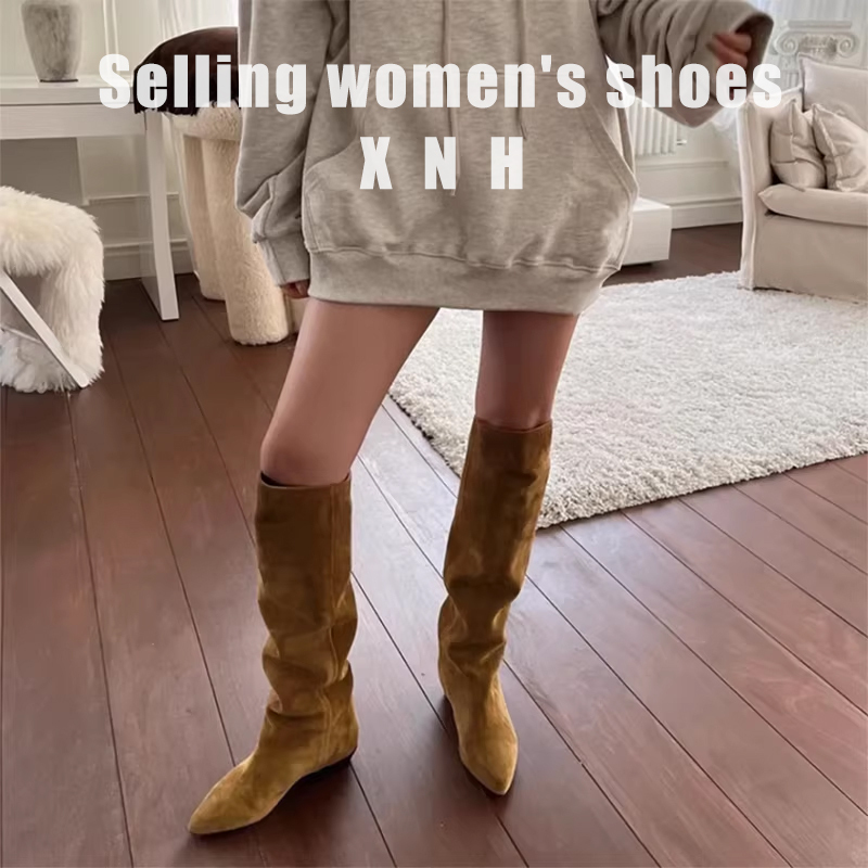 26 Years Western Knight Boots Slip-On Winter New Style Retro Pointed Toe Stacked Boots Flat High Tube Knee-High Boots