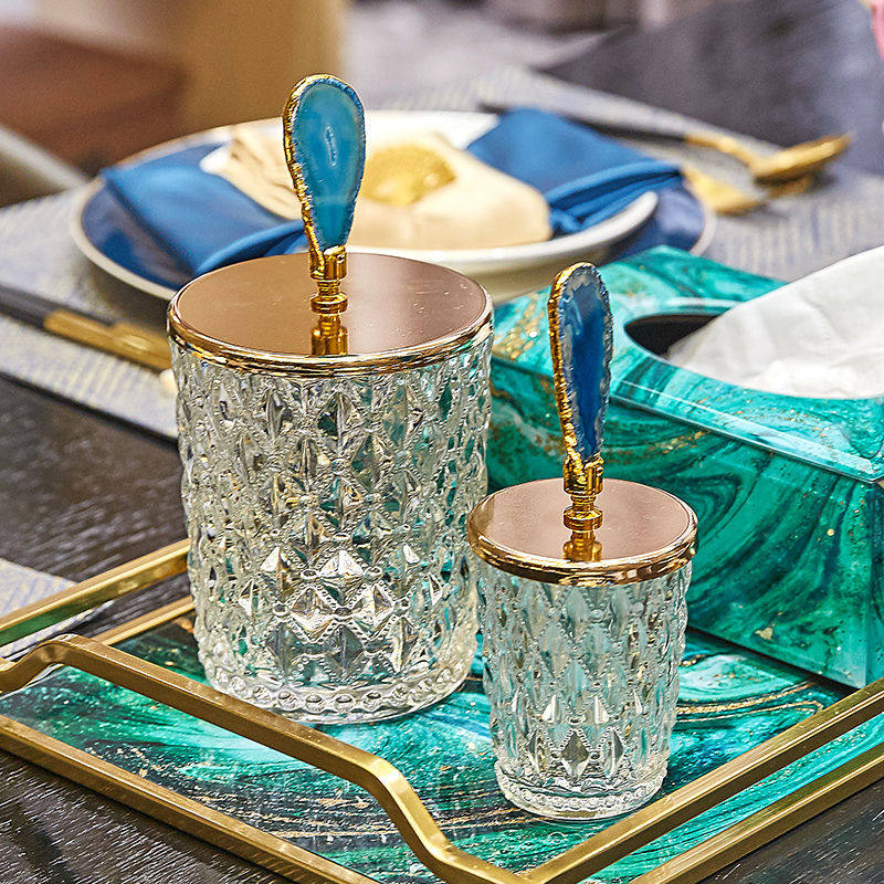 Light luxury gold-rimmed onyx glass storage candy dried fruit jar living room coffee table decoration cotton swab toothpick jar decorative ornaments