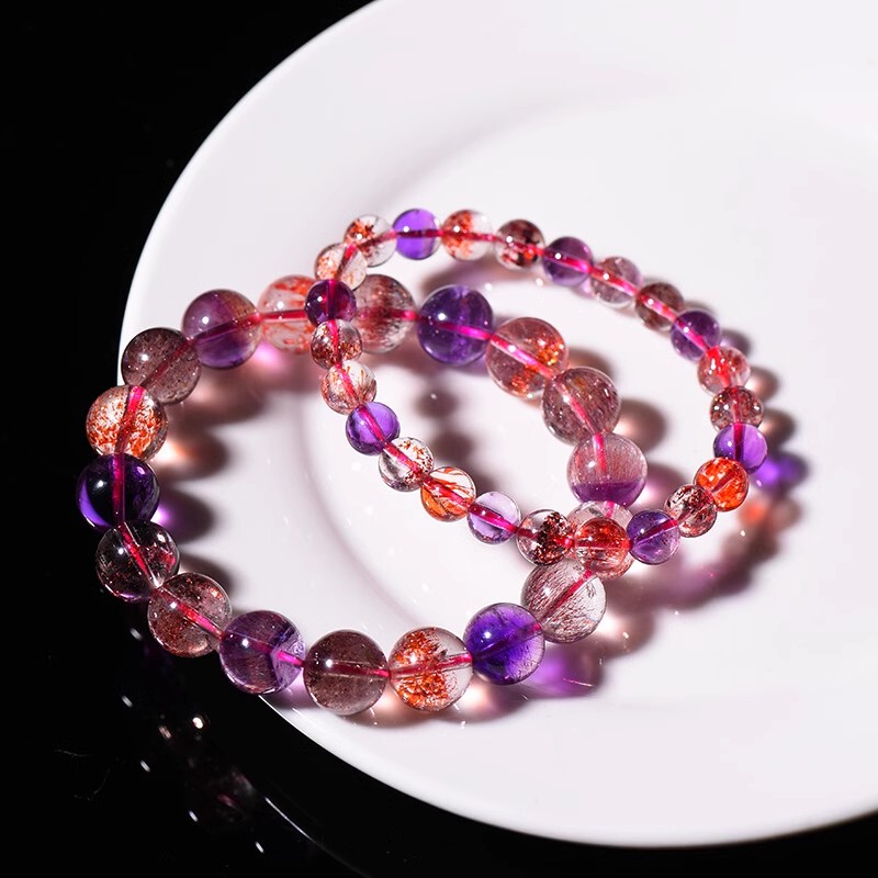 Premium Natural Super Seven Bracelet with Purple Rutilated Quartz, Three-Ring Black Currant Natural Crystal, Super Seven Crystal