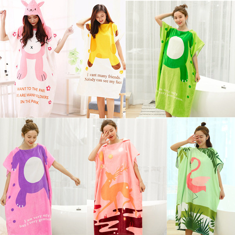 Cartoon adult bathrobe cotton print bath towel soft super strong absorbent cloak with hat hot spring beach towel cape