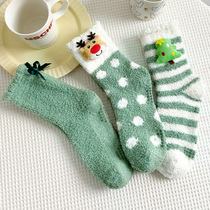 3 Double Loaded Christmas Elements small deer Coral Suede Women Socks Autumn winter Warmth Midbarrel Socks Cartoon Floor Sweetness Socks