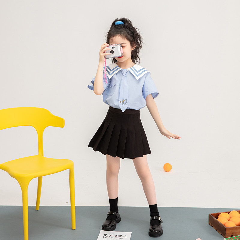 College Wind Cute Cartoon Girls Shirt Summer Shirt 2022 New Girl Pure Cotton Lifted Link Shirt