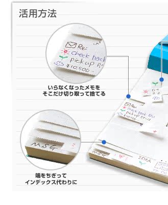 活用方法 いらなくなったメモをそこだけ切り取って捨てる 好きな形の伝言メモをつくる 端をちぎってインデックス代わりに 走り書きを自由な大きさに切り取って保管