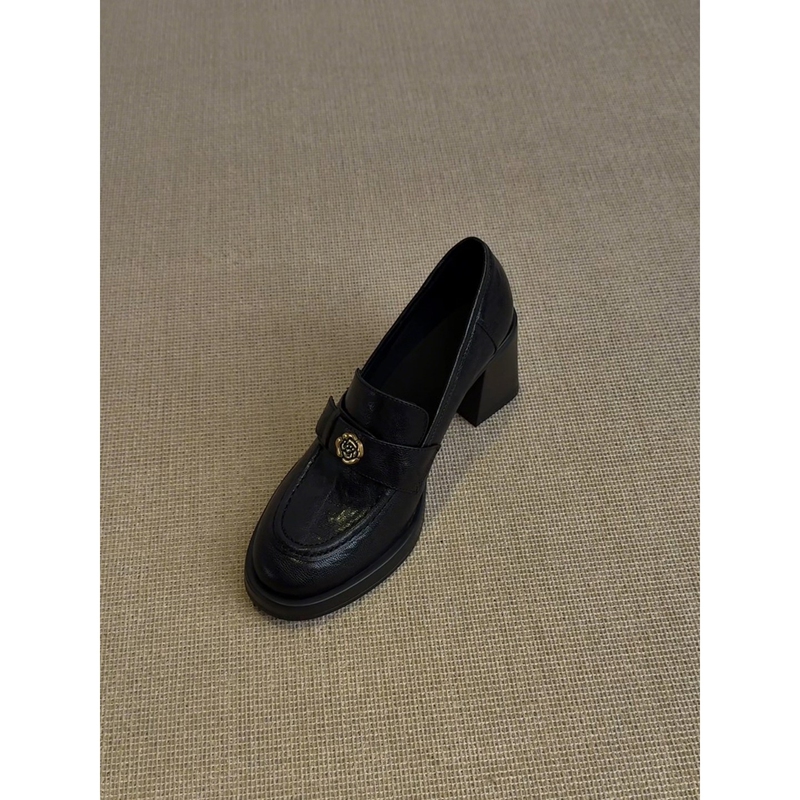 Feichi Classic and Timeless ~ 5-7cm Silent Sole/Camellia Loafers Women's Chunky High Heel Shoes