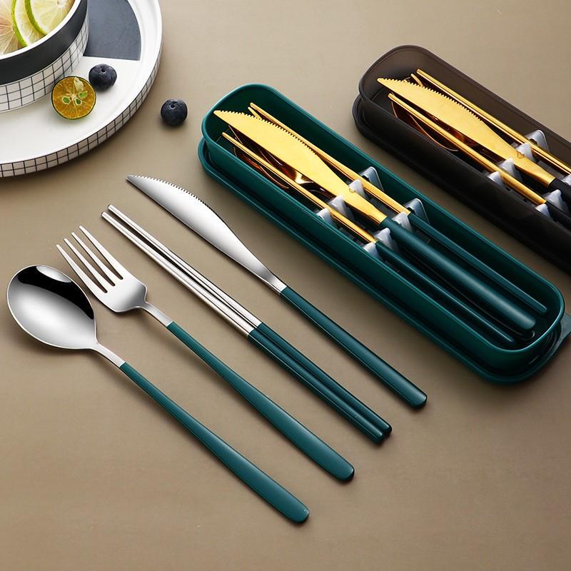 Creative Korean-Style 304 Stainless Steel Tableware Portable Set Knife, Fork, Spoon, Chopsticks Gift Box Gold Four-Piece Set Creative Korean-Style 304 Stainless Steel Tableware Portable Set Knife, Fork, Spoon, Chopsticks Gift Box Gold Four-Piece Set