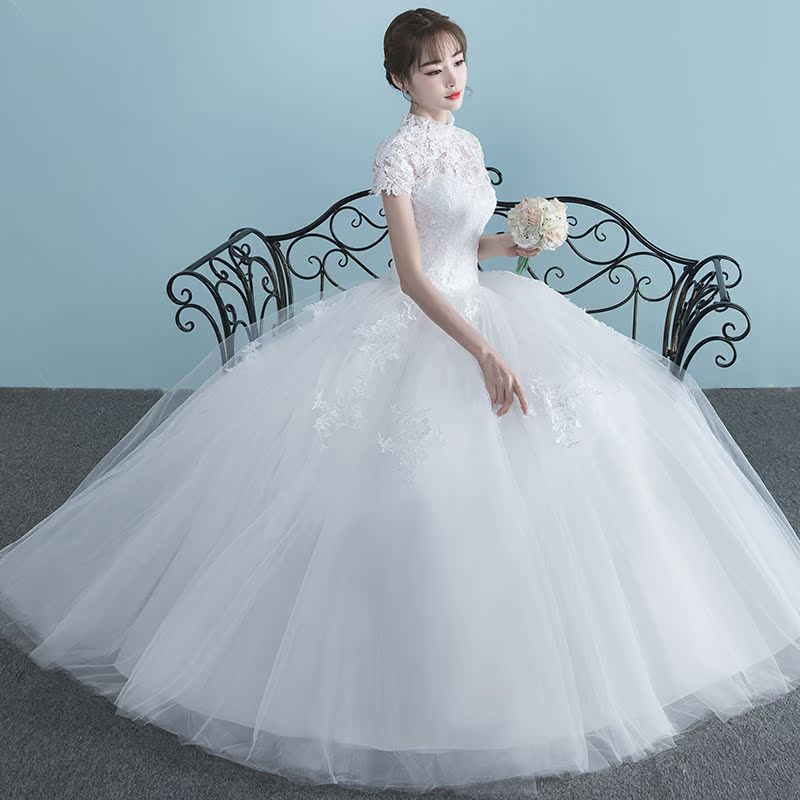 Light wedding dress 2018 new word shoulder short sleeve pregnant women Qi Qi simple princess long tail married female Light wedding dress 2018 new word shoulder short sleeve pregnant women Qi Qi simple princess long tail married female