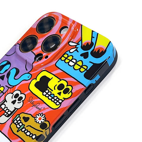 SillyPark Vibrant Multi-Skull Illustration With Flowers, Black – Pro/Plus/Max/Air – 17, 16, 15, 14, 13, 12 iPhone Case