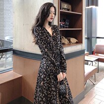 Mularsa method Black Broken Flowers One-piece Dress Woman 2022 Spring new cashew slim temperament snowspun long dress