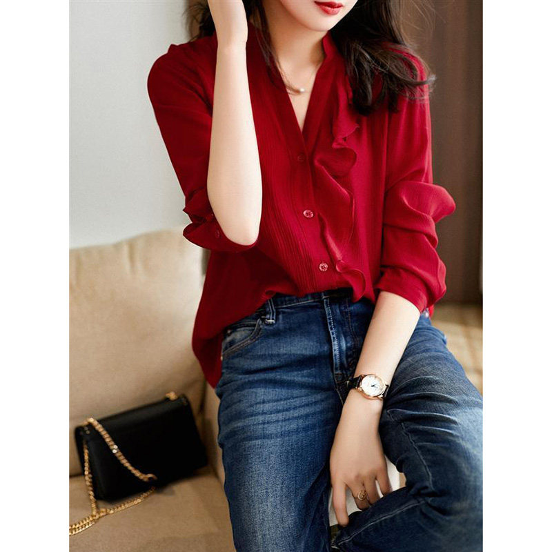 Mularsa temperament elegant red shirt woman 2022 spring wood earbum with a creamy 100 hitch blouse blouse