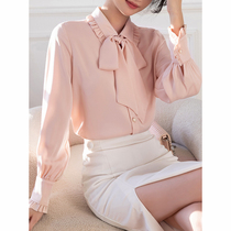 Mularsa Pink Satin Shirt Woman 2022 Spring new Butterfly knot Long sleeves shirt Dont make a Temperament Little Shirt