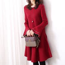 Mularsa Red Wool Knit Dress Dress Woman 2022 Spring New Temperament Round Collar Horn Sleeve Bottom Skirt